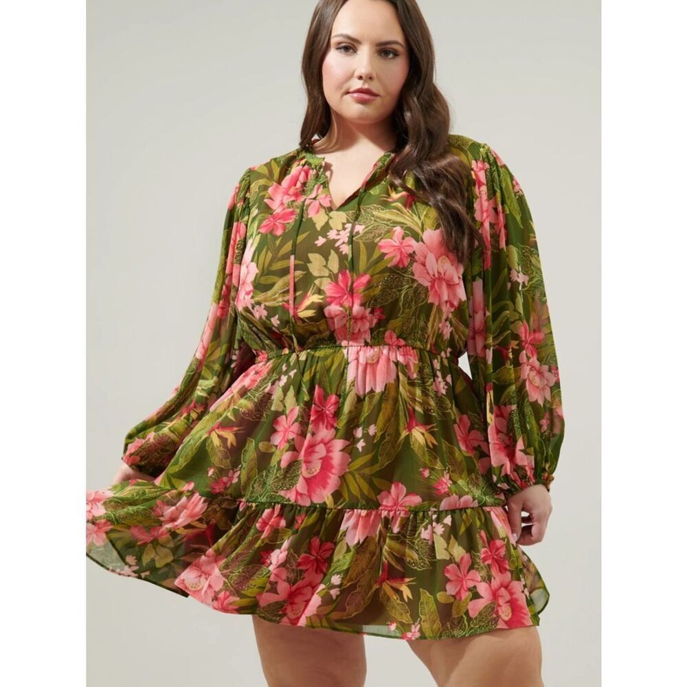 Sugar Lips Plus Size Lilikoi Floral Paxton Balloon Sleeve Mini Dress, 3X